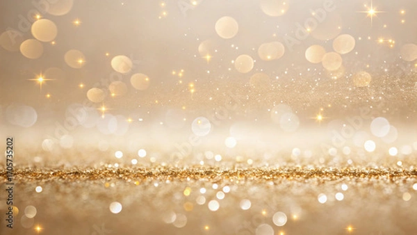 Fototapeta Soft golden sparkles create mesmerizing effect, moving horizontally in slow motion, enhancing enchanting atmosphere of celebration and joy