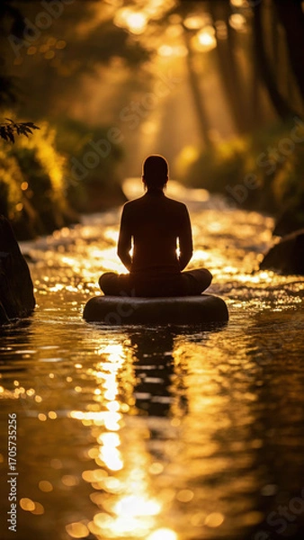 Fototapeta Serene scene of meditating person sitting circular object soft golden stream, surrounded by nature beauty and illuminated by sunlight. tranquil atmosphere evokes sense of peace and mindfulness