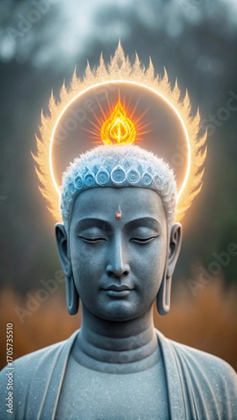 Fototapeta Serene statue of meditating figure with glowing dual flame above head, surrounded by radiant halo. tranquil expression evokes sense of peace and enlightenment