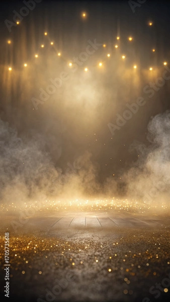 Fototapeta Captivating scene featuring golden dust fog surrounding empty center, illuminated by soft lights, creating elegant and magical atmosphere perfect for performances or celebrations