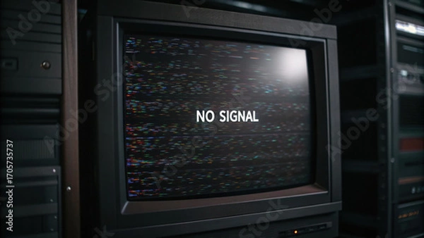 Fototapeta Glitched UI screen displaying No Signal text, surrounded by vintage electronic equipment, evokes sense of nostalgia and disconnection in retro setting