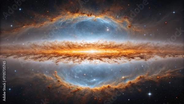 Fototapeta Stunning galaxy showcases vibrant cloud divided by hot plasma and cold vapor, creating mesmerizing cosmic scene filled with stars and interstellar beauty