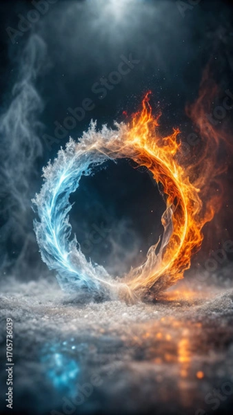 Fototapeta Mesmerizing swirl of fire and ice forms cinematic ring, showcasing dynamic contrast between heat and cold. vibrant flames and icy textures create captivating visual experience