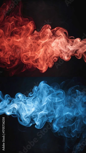 Fototapeta Captivating visual of swirling smoke, featuring warm red hues blending with cool blue tones, creating dynamic contrast that evokes sense of movement and energy
