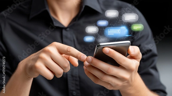 Fototapeta Person using smartphone with digital message notifications appearing above device, showcasing modern communication technology and connectivity