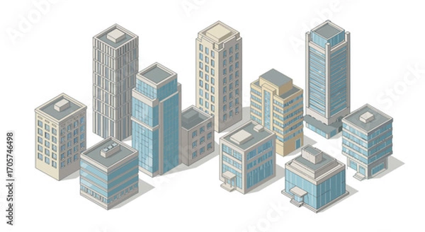 Fototapeta Isometric illustration of various city buildings and skyscrapers on white background. Concept for urban planning, architectural visualization and real estate development