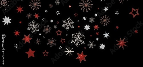 Fototapeta Festive holiday background with red and white stars and snowflakes on a black background. Perfect for Christmas, New Year, winter themes.