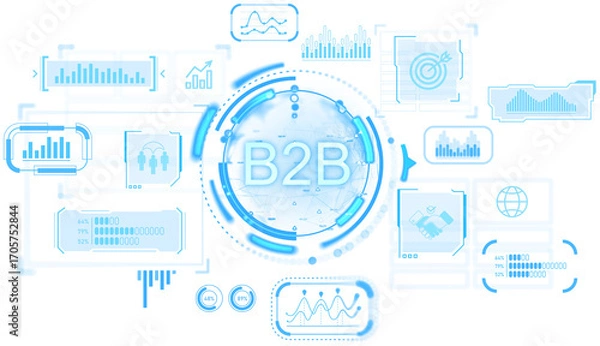 Fototapeta B2B concept with glowing digital interface, data charts, and business symbols in blue graphic style on transparent isolated background, symbolizing analytics