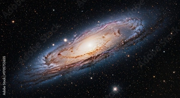 Fototapeta Stunning Spiral Galaxy with Bright Core and Distant Stars in Dark Space Background