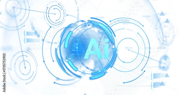 Fototapeta AI lettering displayed in center of transparent futuristic interface, blue abstract tech style, isolated on white background, concept of global data