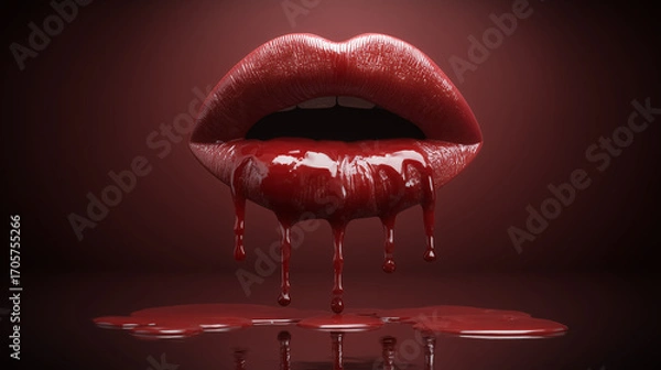 Fototapeta Glossy Red Lips with Fangs and Dripping Liquid or Chocolate on Burgundy Background – 3D Illustration in Minimal Dark Style