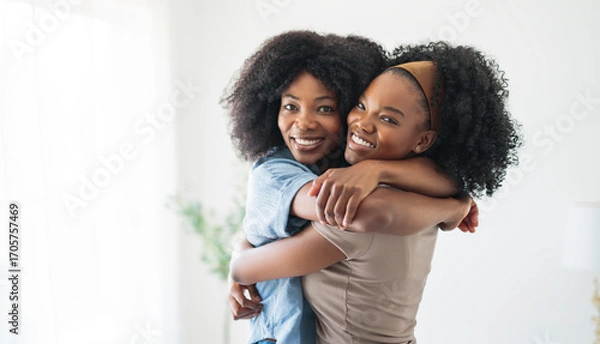Fototapeta A affectionate mother and daughter sitting on sofa at home