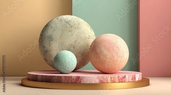Fototapeta Abstract composition with textured spheres on a marble plinth and colorful background