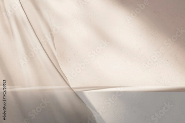 Obraz Empty interior room table for beauty and fashion brand display. Autumn background scene with curtains and shadow on the wall mockup. Home decor aesthetic.