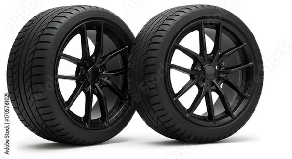 Fototapeta Two sleek black performance car tires with matching alloy wheels displayed against a clean white studio background, emphasizing automotive design and engineering.