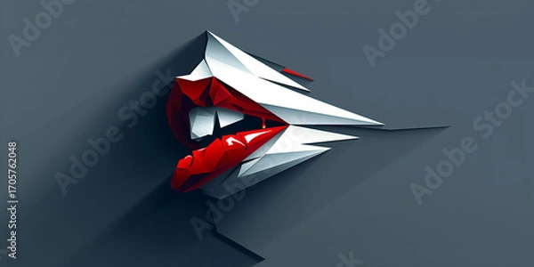 Fototapeta Abstract Red Lips with Fangs Emerging from Sharp Paper Cut on Grey Background – 3D Vampire Concept in Minimal Dark Style