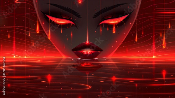 Fototapeta Digital Goddess with Glowing Eyes Emerging from Red Virtual Sea in Futuristic Halloween Sci-Fi Background