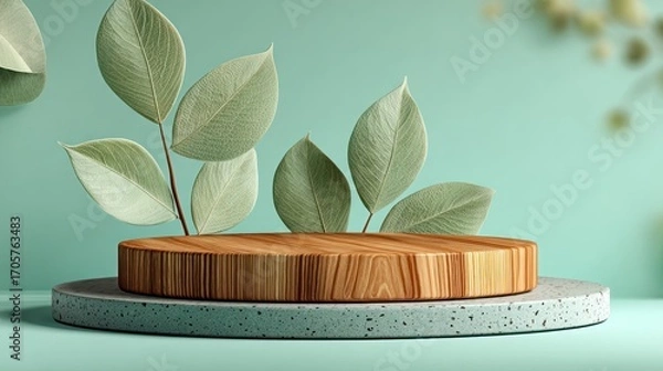 Fototapeta Wooden platform with leaves for product presentation and nature-inspired design