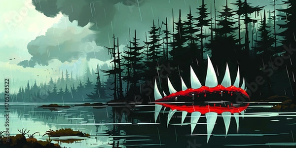 Fototapeta Halloween Background - Huge Red Mouth with Sharp White Fangs Emerging from Lake in Rainy Forest under Stormy Sky
