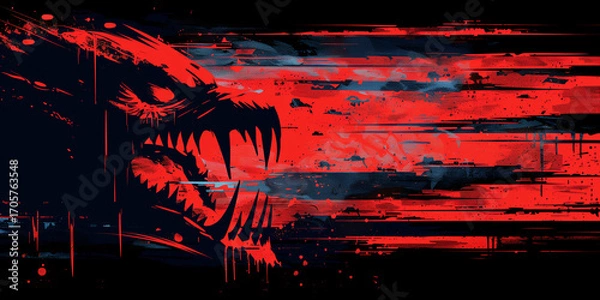 Fototapeta Red and Black Halloween Background with Sharp Teeth Monster in Abstract Horror Style