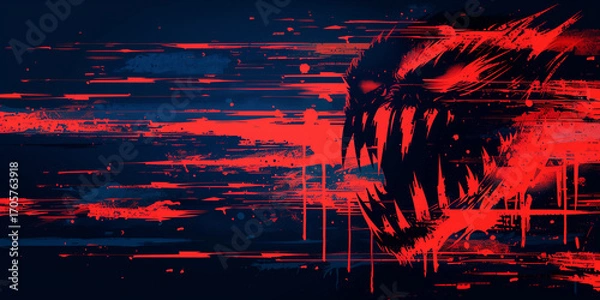Fototapeta Red and Black Halloween Background with Sharp Teeth Monster in Abstract Horror Style
