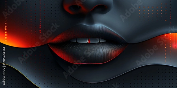 Fototapeta Digital Background with Silhouette of Female Lips and Red Stripe in Futuristic Abstract Style