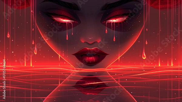 Fototapeta Digital Goddess with Glowing Eyes Emerging from Red Virtual Sea in Futuristic Halloween Sci-Fi Background