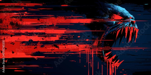 Fototapeta Red and Black Halloween Background with Sharp Teeth Monster in Abstract Horror Style