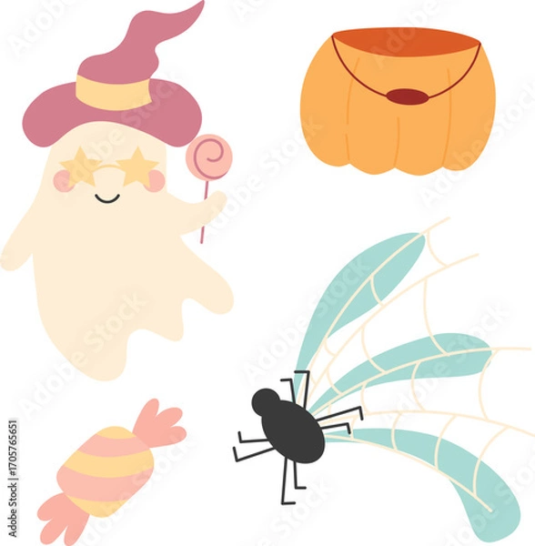 Fototapeta Retro Groovy Halloween clipart set with ghosts, pumpkins, skull, mushrooms, spiderweb, flowers. Spooky seasonal objects, hand drawn vector illustration in flat style