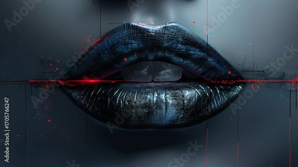 Fototapeta Digital Background with Silhouette of Female Lips and Red Stripe in Futuristic Abstract Style
