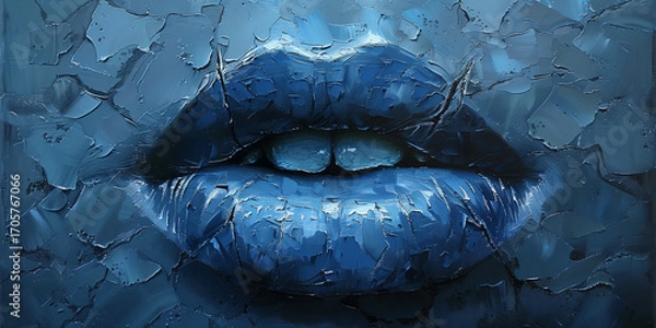 Fototapeta Cracked Blue Lips Emerging from Painted Surface – Minimal Surreal Portrait of Mouth with Textured Background