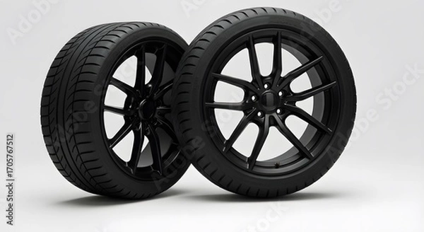 Fototapeta Two sleek black performance car tires with matching alloy wheels displayed against a clean white studio background, emphasizing automotive design and engineering.