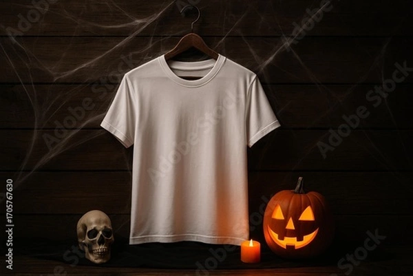 Fototapeta Halloween Themed Shirt Mockup with Pumpkin, Candle, and Skull