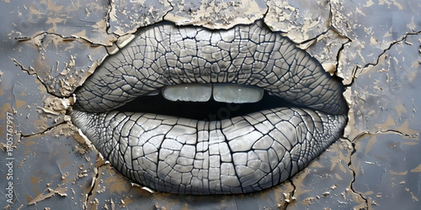Fototapeta Cracked Gray Lips Emerging from Textured Wall – Abstract Surreal Concept with Dry Skin Texture