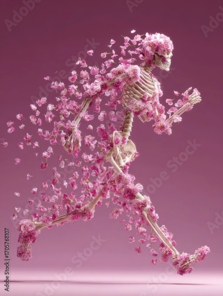 Obraz A skeleton made of pink flowers is running, with petals flying in the air and its body composed entirely of flower elements
