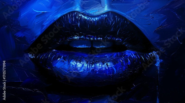 Fototapeta Cracked Blue Lips Emerging from Painted Surface – Minimal Surreal Portrait of Mouth with Textured Background