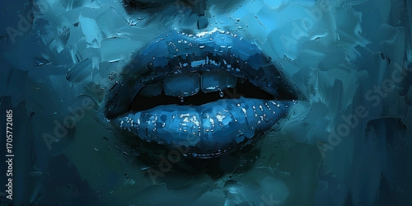 Fototapeta Cracked Blue Lips Emerging from Painted Surface – Minimal Surreal Portrait of Mouth with Textured Background
