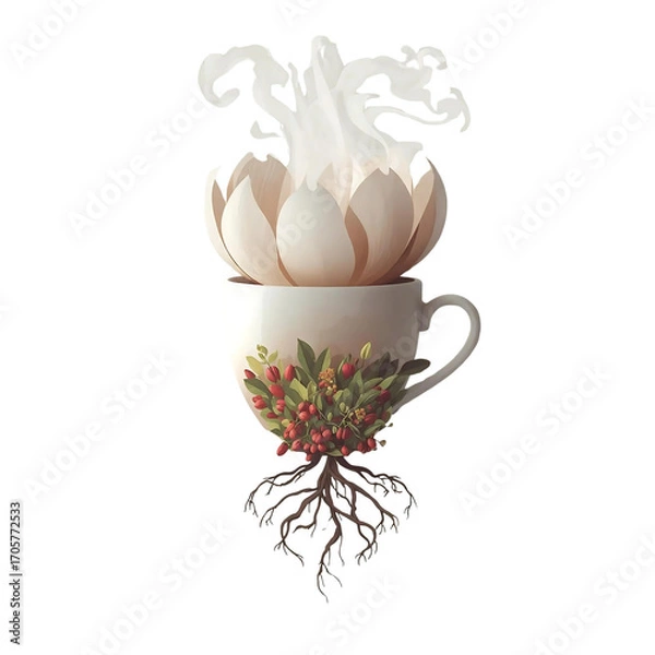Obraz Coffee Lotus Bloom: A White Flower Emerging from a Cup with Roots and Coffee Cherries