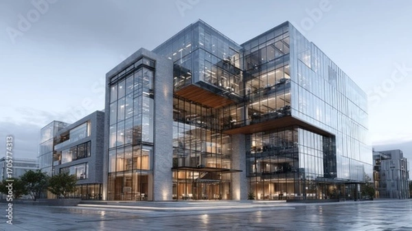 Fototapeta Modern Glass and Concrete Office Building Architecture at Dusk or Dawn