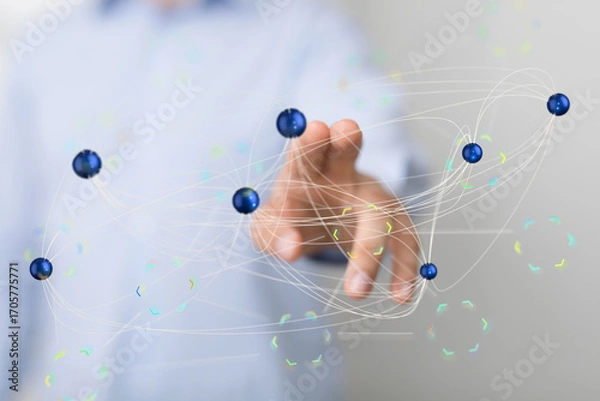 Fototapeta Image of a hand interacting with a digital network, representing global connections and technology.
