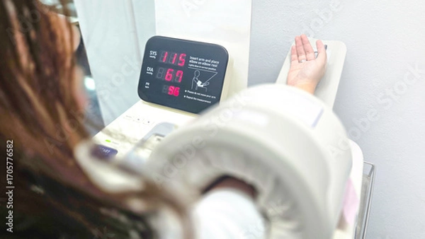 Fototapeta Blood pressure measurement with automatic digital monitor showing systolic, diastolic, and pulse rate, illustrating healthcare, prevention, diagnosis, and medical checkup in daily life.