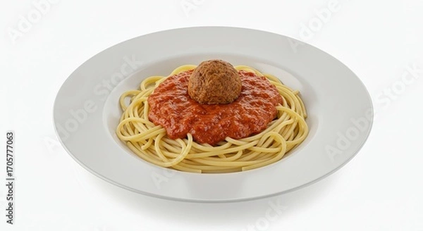 Obraz Spaghetti with Red Sauce and Meatball on White Plate