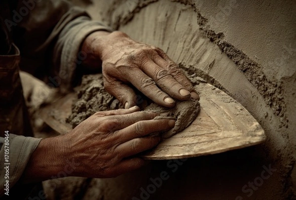 Fototapeta Textured close-up of weathered hands smoothing dark gray stucco on a surface with a trowel, emphasizing craftsmanship and material