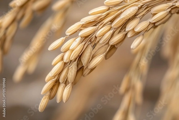 Fototapeta Golden Grains: A close-up of ripe, golden grains of rice, capturing the texture and detail of the staple food. Evokes a sense of harvest and abundance.