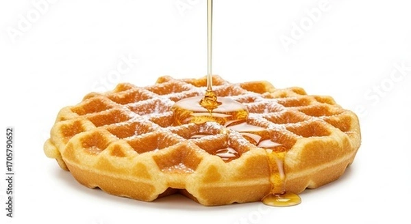 Obraz Golden Round Waffle with Powdered Sugar and Syrup Pouring on White