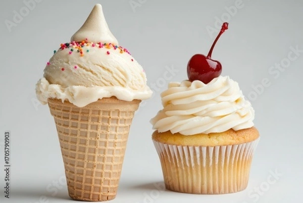 Fototapeta Sweet Temptations: An appealing composition showcases a delightful ice cream cone and a tempting cupcake, beautifully arranged in a photorealistic style, evoking feelings of joy and indulgence.