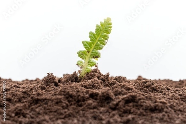 Fototapeta Growth's Gentle Dawn: A verdant sprout, a symbol of hope and renewal, pushes forth from fertile soil, a testament to the enduring power of nature.