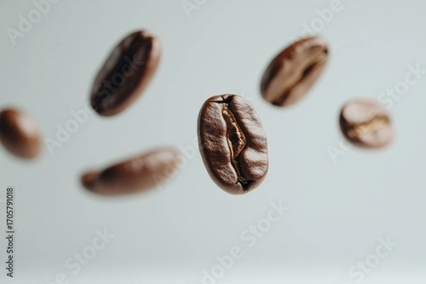 Fototapeta Coffee bean levitation: Close-up of meticulously roasted coffee beans floating in mid-air. The play of light and shadow accentuates the rich texture of the bean.