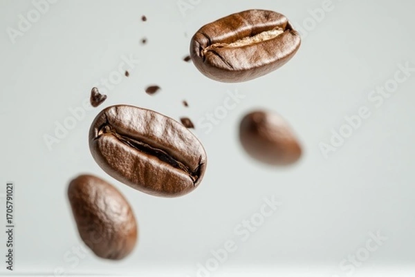 Fototapeta Roasted Coffee Bean in Air: This eye-level shot spotlights the artistry of a few coffee beans in mid-air, revealing their rich color and texture, capturing the anticipation of the perfect brew.