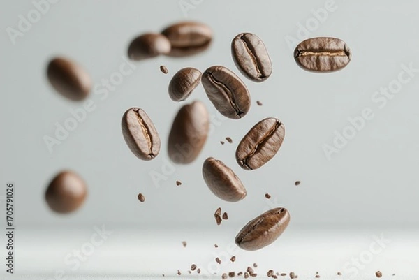 Fototapeta Roasted Coffee Beans in Flight: A dynamic, high-angle shot presents several roasted coffee beans suspended mid-air, showcasing their rich texture and captivating details.